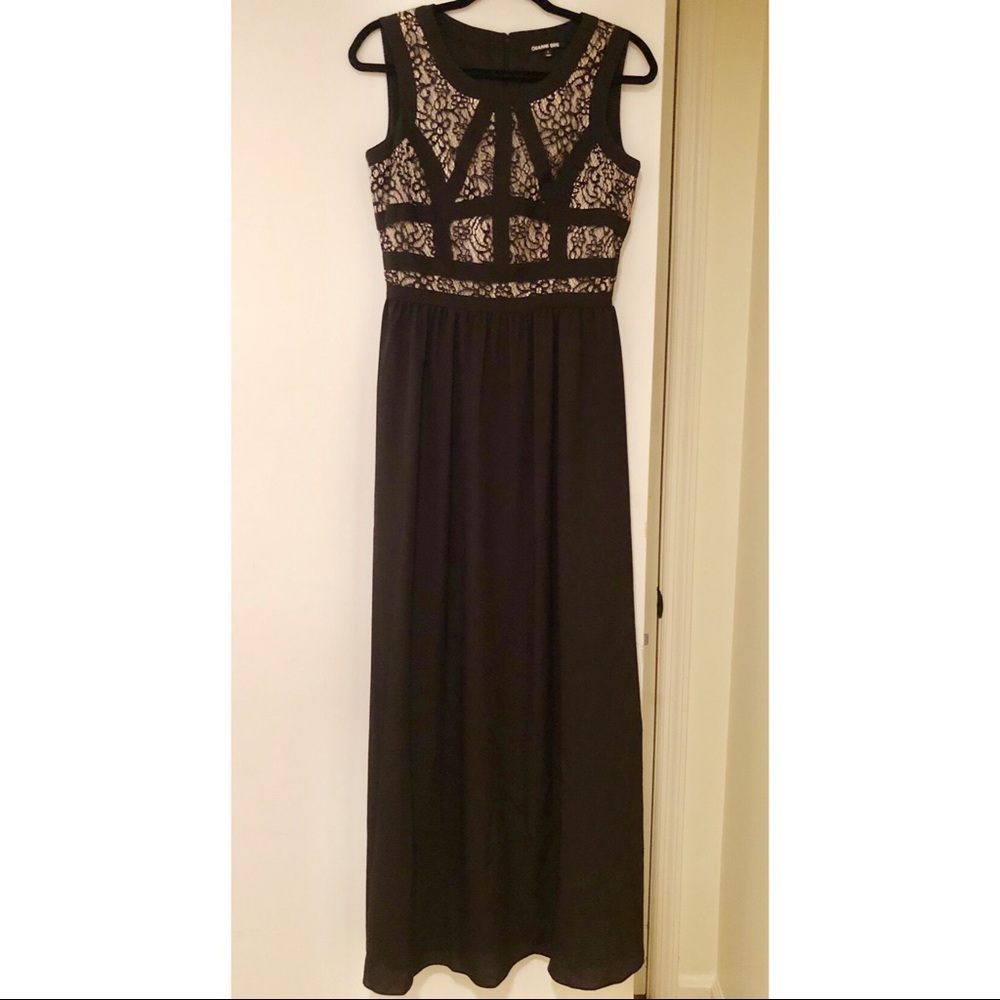 Long, Black Evening Dress with Nude & Black Detail
